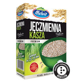 Package of Melvit Premium Pearl Barley Groats with a label indicating it's a premium product in polish language, marked with a sign for the visually impaired.
